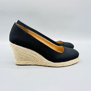 J Crew Shoes Womens 7 Black Espadrille Wedge Slip On Canvas Platform Summer NEW